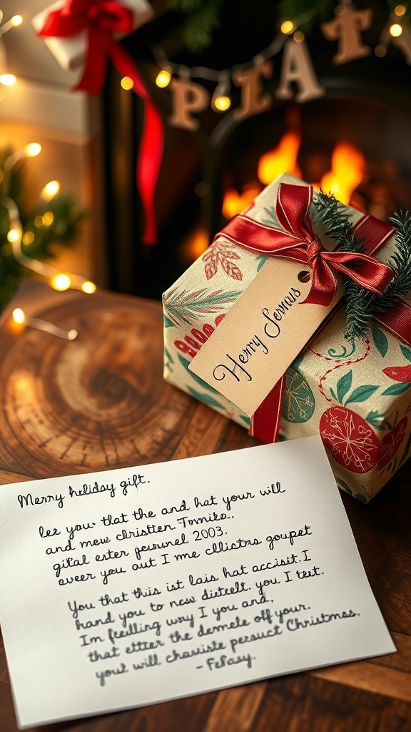 A Christmas gift with a handwritten letter on a table decorated with holiday lights.